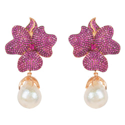 Baroque Pearl Ruby Red Flower Earring Rose Gold