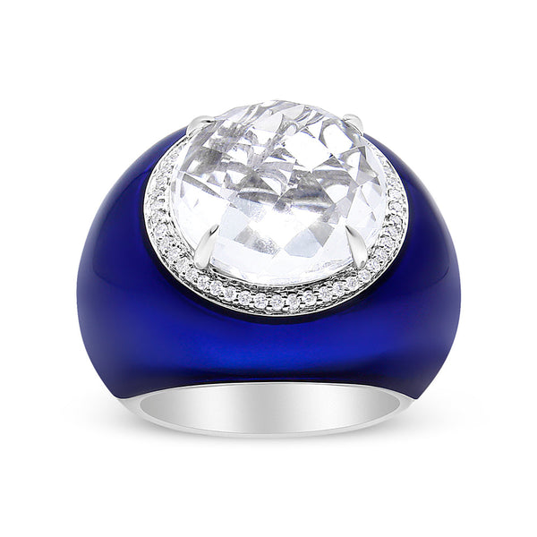 18K White Gold 14mm White Quartz and 1/5 Cttw Diamond Halo With Blue Enamel Dome Ring (F-G Color, VS1-VS2 Clarity) - Rin