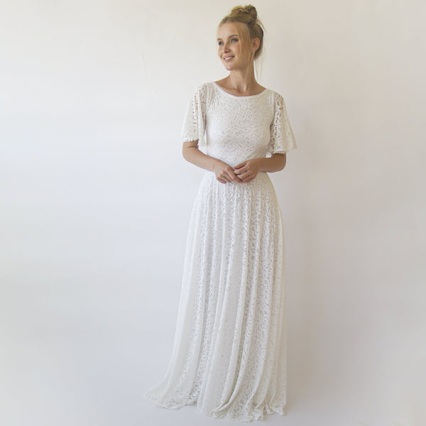 Bohemian Butterfly Sleeves , Modest Ivory Wedding Dress With Pockets #1318