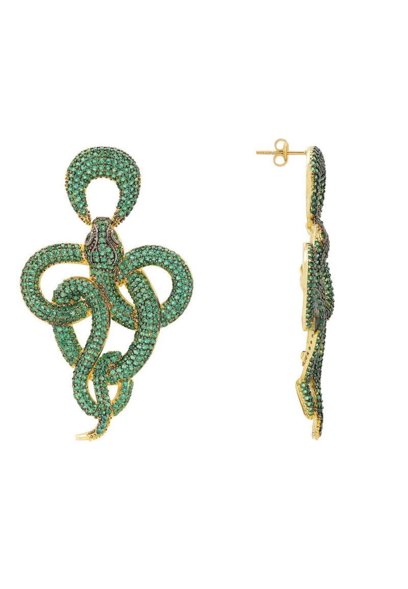 Viper Snake Drop Earrings Gold Emerald