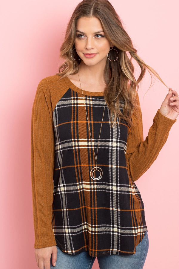 Long Sleeve Knit Detail Contrast Plaid Top