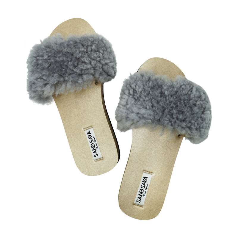Gray Sheep Fur Slide - Espadrille Flat Slide Sandals