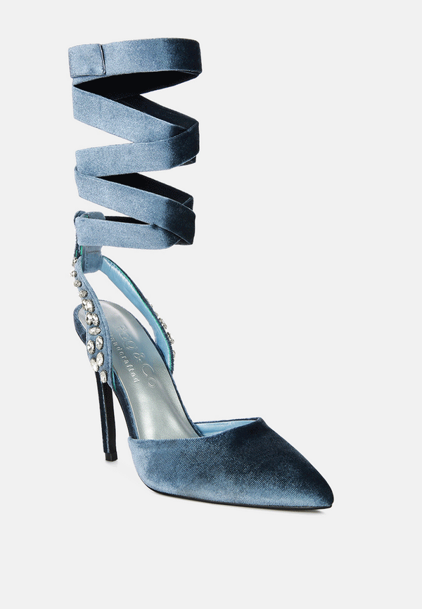 Wallis Blue Velvet Diamante Stud Tie Up Sandals