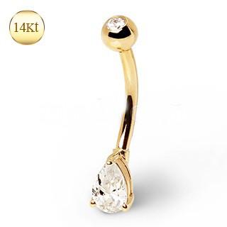 14Kt Yellow Gold Navel Ring With Tear Drop Gem