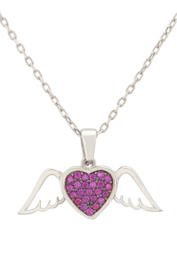 Wings of Love Heart Ruby CZ Necklace Silver