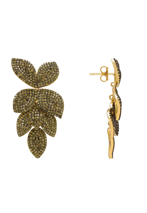 Petal Cascading Flower Earrings Gold Peridot Cz