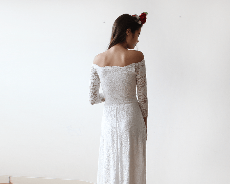Ivory Off-The-Shoulder Floral Lace Long Sleeve Maxi Dress 1119