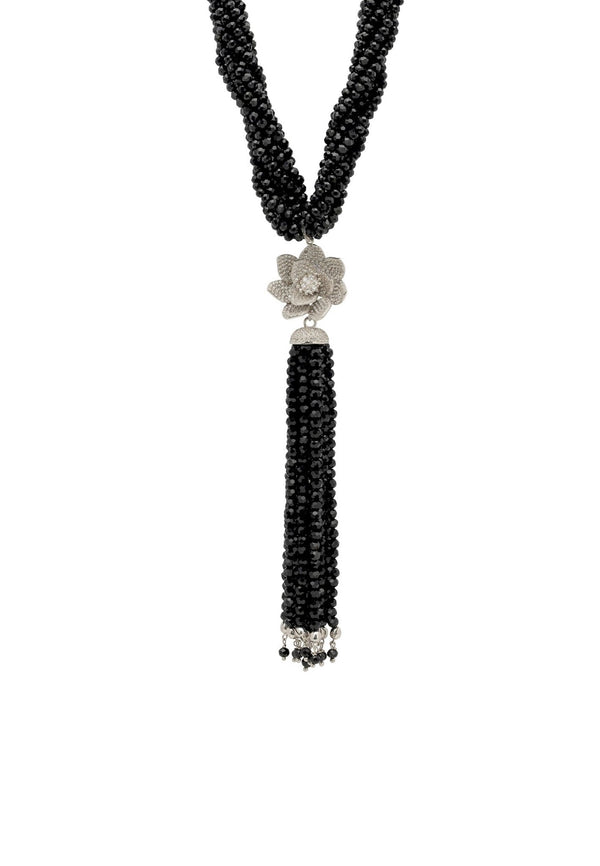 Lotus Flower Tassel Statement Necklace Black Spinel Silver