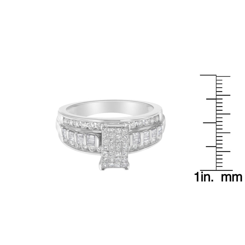 14K White Gold 1.0 Cttw Mixed-Cut Diamond Rectangle Invisible-Set Composite Cluster Ring With Bar- And Channel-Set Band