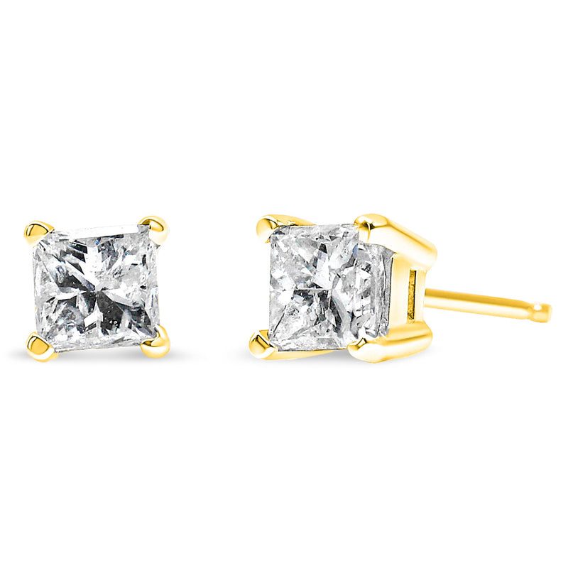 AGS Certified 14k Yellow Gold 1/2 Cttw 4-Prong Set Princess-Cut Solitaire Diamond Push Back Stud Earrings (I-J Color, SI