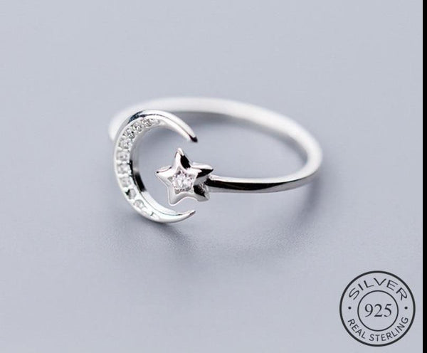 Moon and Star Sterling Silver Adjustable Ring
