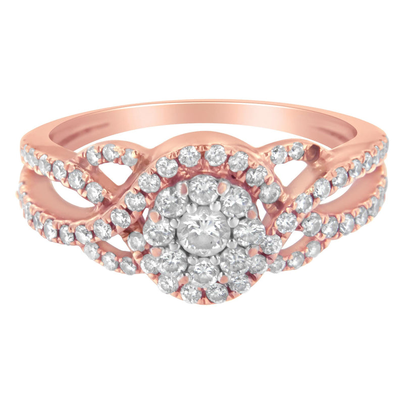 10K Rose Gold 3/4 Cttw Diamond Floral Cluster Head and Twisted Shank Cocktail  Ring (H-I Color, SI1-SI2 Clarity)- Size 5