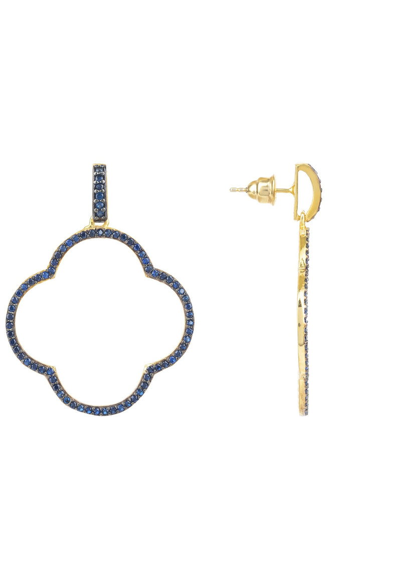 Open Clover Large Drop Earrings Gold Sapphire Blue CZ