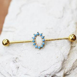 Gold Plated Halo White Synthetic Opal Industrial Barbell