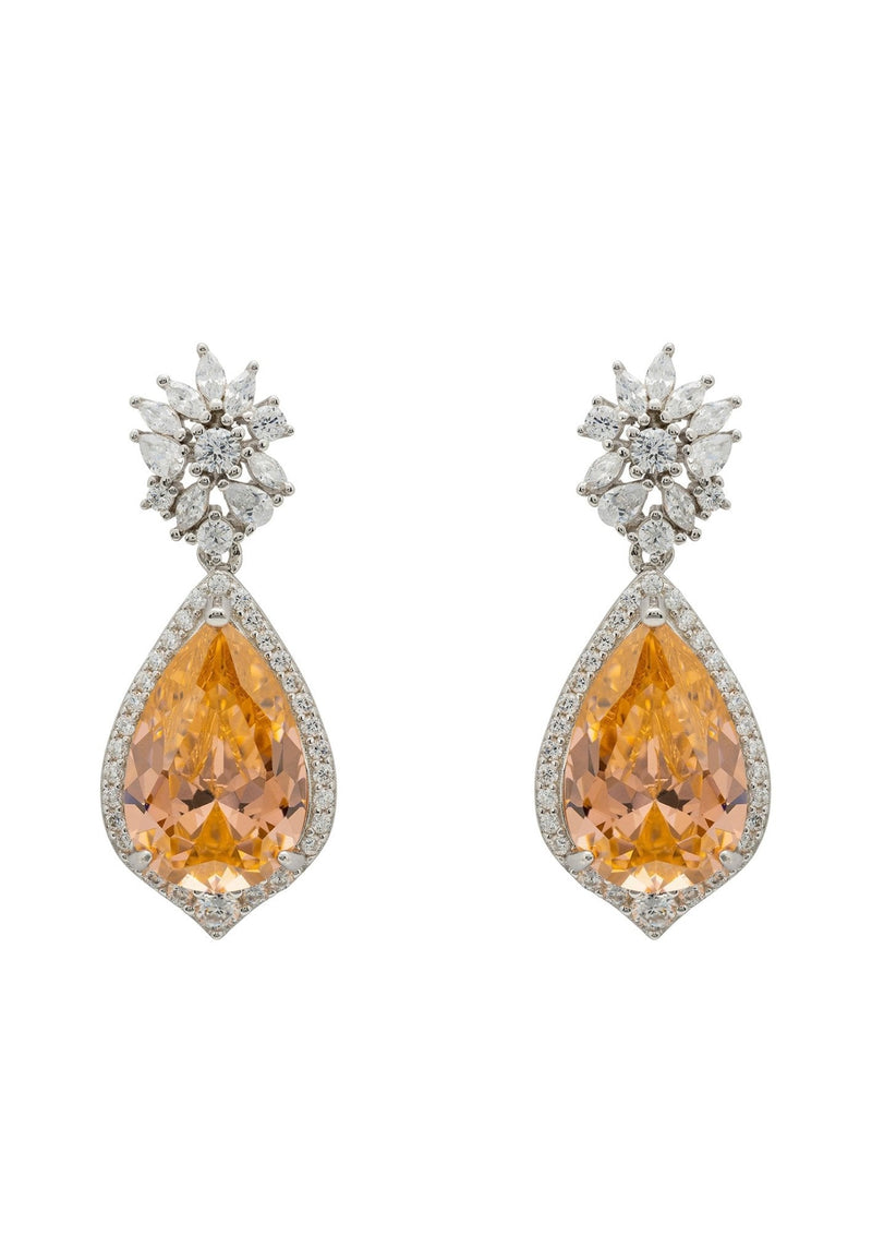 Olivia Teardrop Crystal Drop Earrings Peach Silver