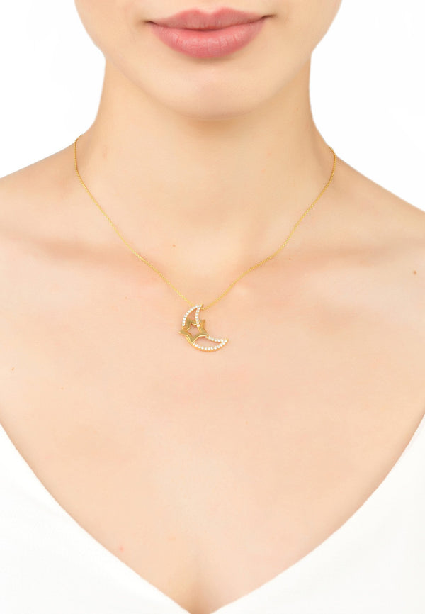 Crescent Moon & Star Pendant Necklace Gold