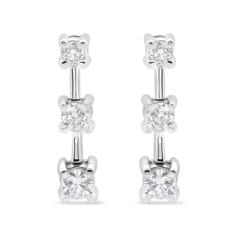 14K Yellow Gold 1/2 Cttw Round Diamond 3 Stone Graduated Linear Drop Past, Present and Future Stud Earrings (H-I Color,