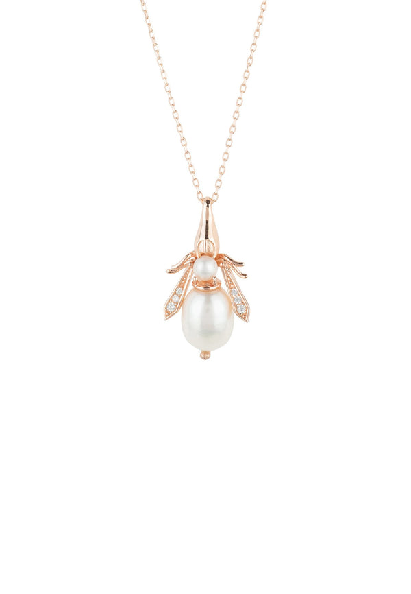 Pearl Gemstone Bee Pendant Necklace Rose Gold