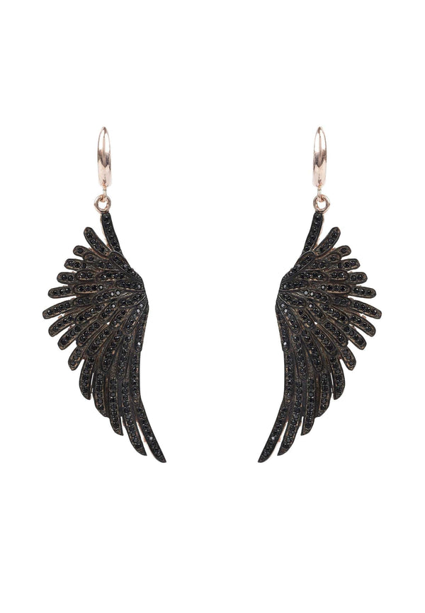 Angel Wing Drop Earrings Rosegold Black CZ