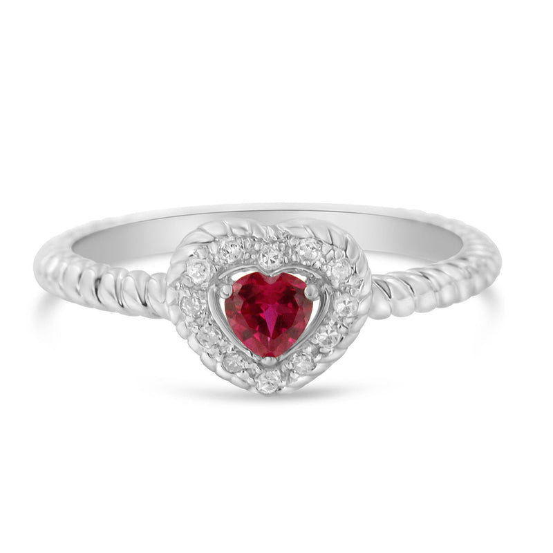 Sterling Silver 4MM Lab Created Ruby Heart and Diamond Accent Heart Ring (I-J, I2-I3) - Size 8