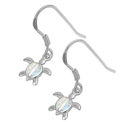 .925 Sterling Silver White Opal Turtle Dangle Earrings