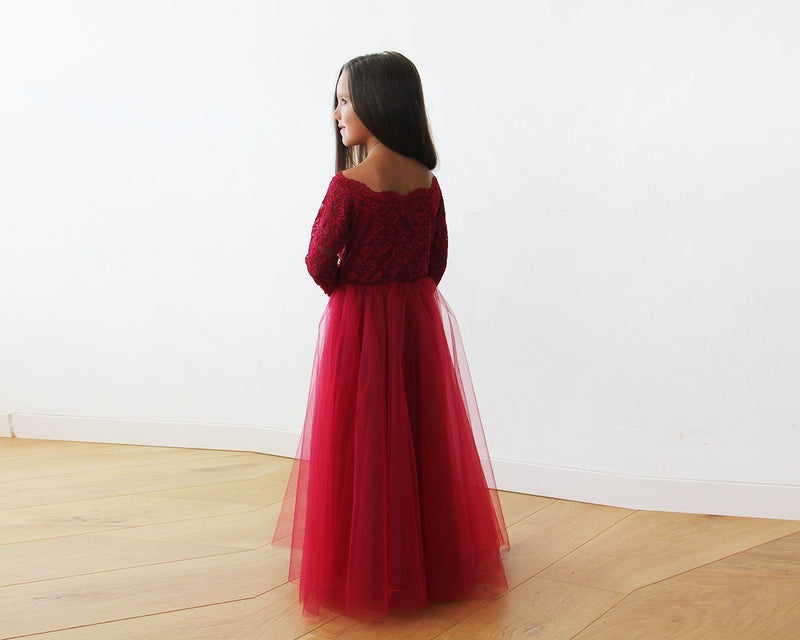 Off-The-Shoulder Burgundy Lace and Tulle Flower Girls Gown 5040