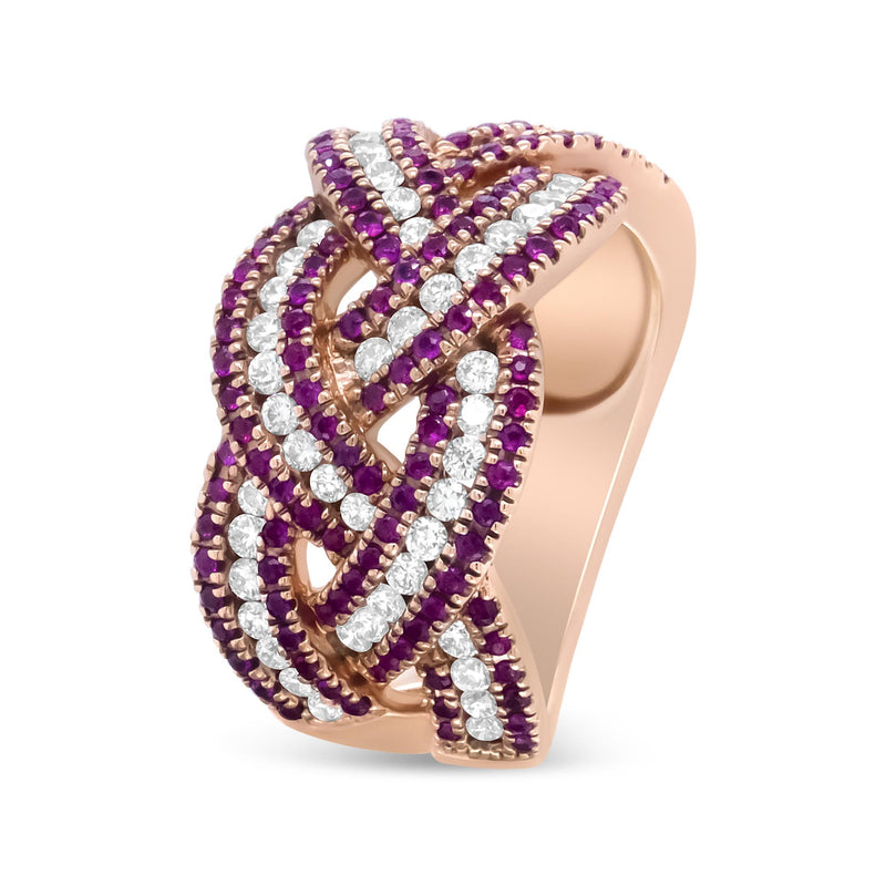 18K Rose Gold Red Ruby and 7/8 Cttw Diamond Woven Braided Band Ring (F-G Color, VS1-VS2 Clarity) - Ring Size 7