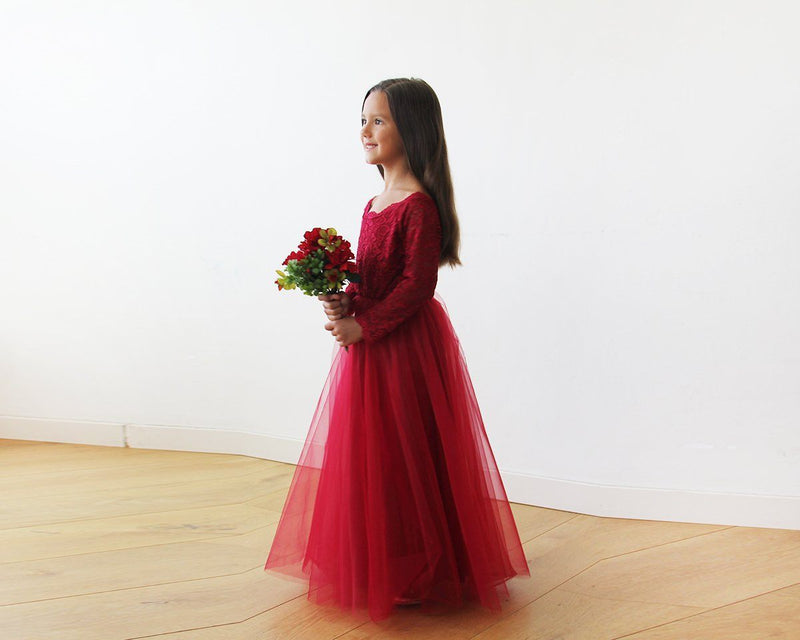 Off-The-Shoulder Burgundy Lace and Tulle Flower Girls Gown 5040
