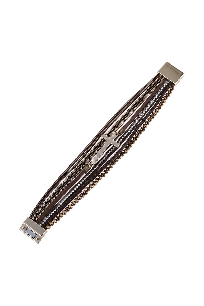 Hdb2976 - Cross Leather Wrap Glass Beads Magnetic Bracelet