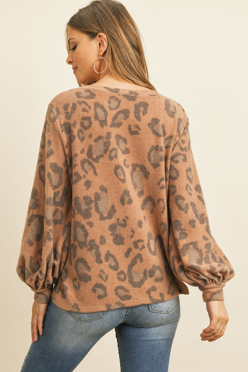 Leopard Brushed Hacci Puff Sleeved Boat Neck Top