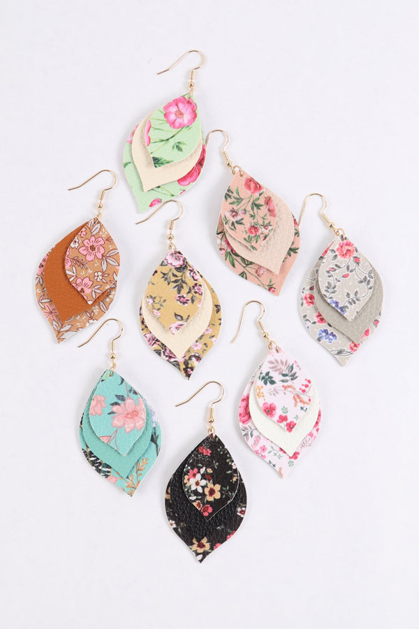 Hde3221 - Floral Leather Marquise Drop Earrings