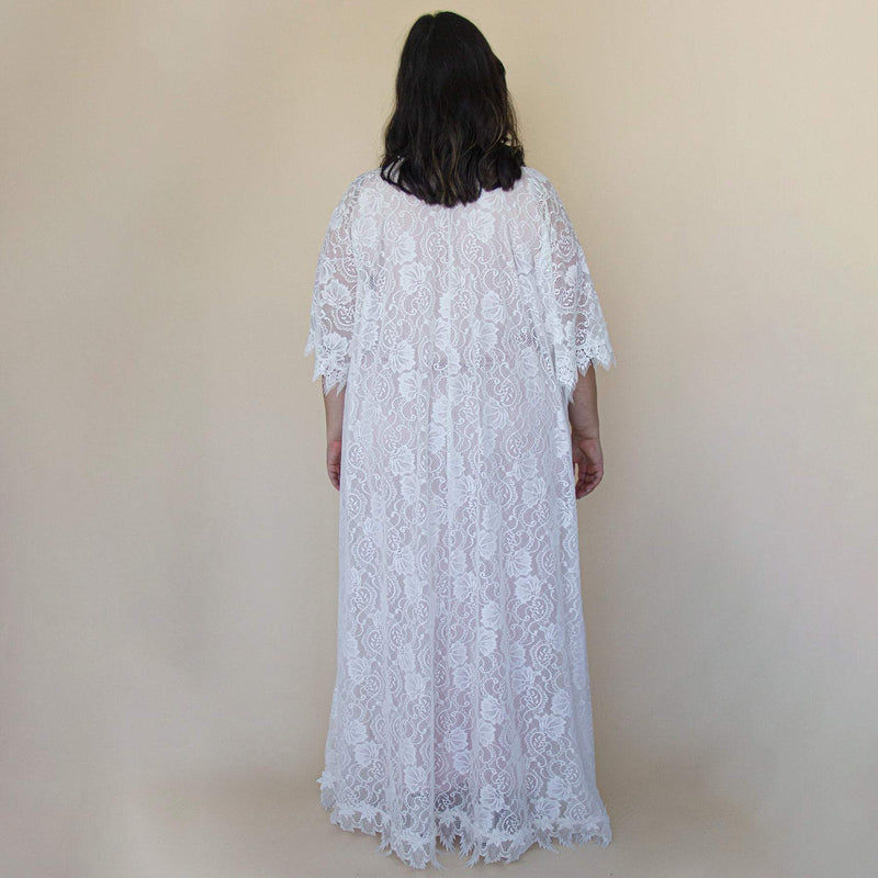 Curvy  Lace Blushed Ivory Bridal Kaftan ,Bat Sleeves Lace Wedding Dress #1312
