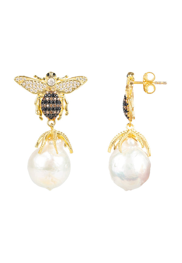 Baroque Pearl Honey Bee Drop Earring Gold