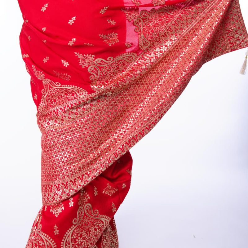 Red Banarasi Silk Saree With Gold Gota Patti Print