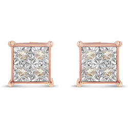 Rose Plated Sterling Silver Princess Diamond Quad Stud Earrings (0.5 Cttw, J-K Color, I1-I2 Clarity)