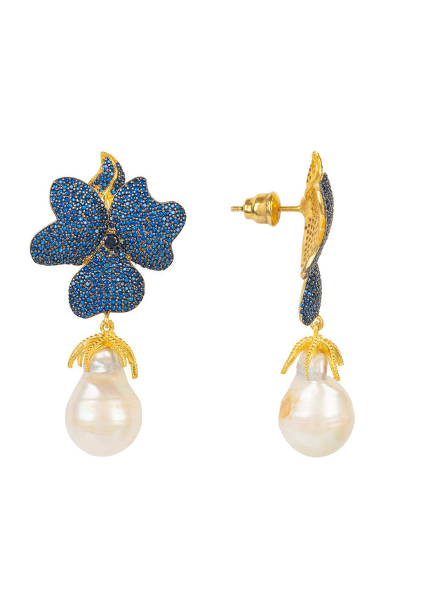 Baroque Pearl Sapphire Blue Flower Earring Gold