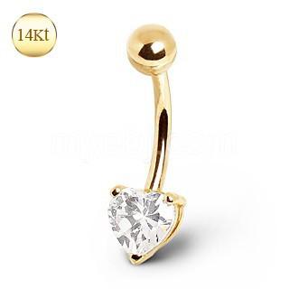 14Kt Yellow Gold Navel Ring With Heart Gem Prong Setting