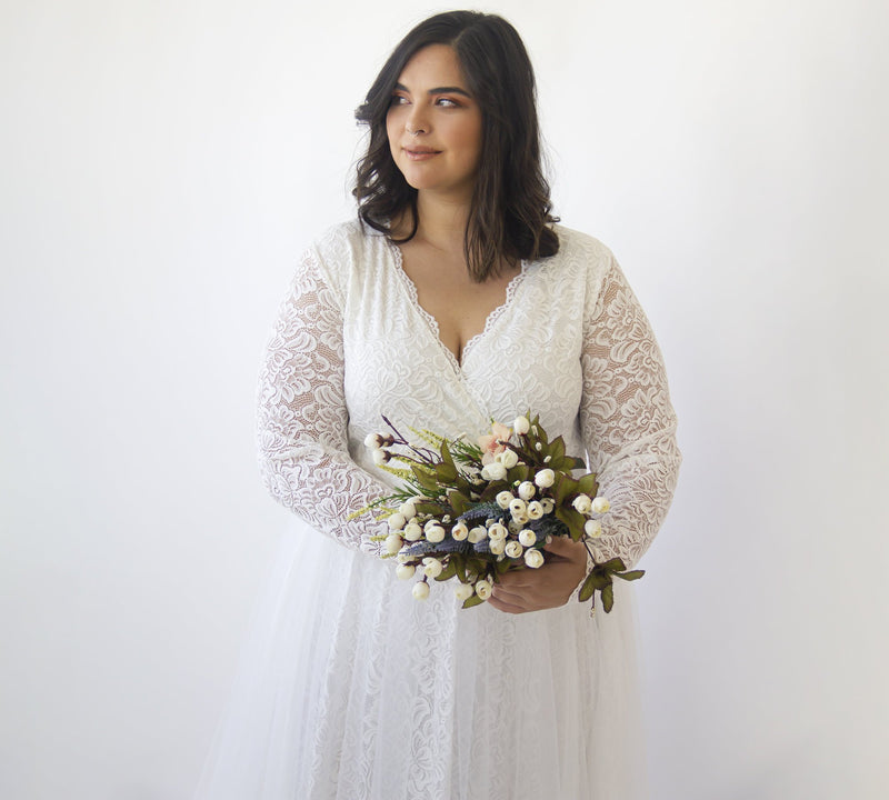 Bestseller Curvy  Ivory Wedding Dress , Sheer Illusion Tulle Skirt on Lace #1315
