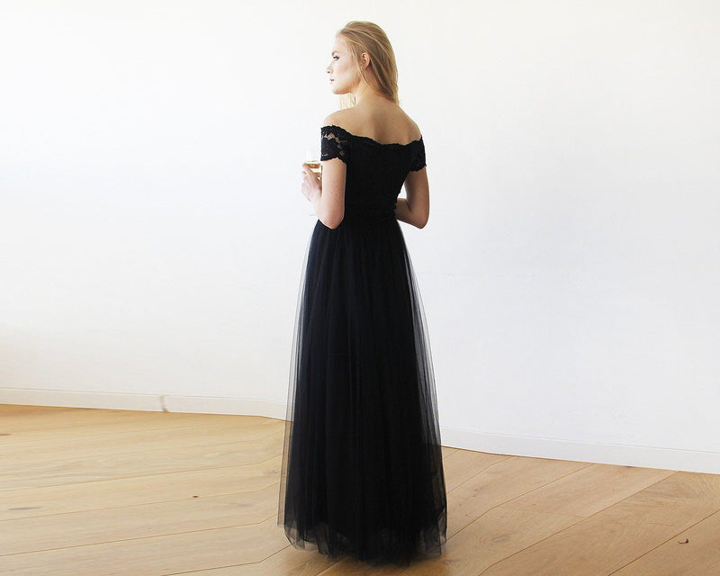 Black Lace Off-The-Shoulder Short Sleeve Tulle Maxi Dress SALE 1139