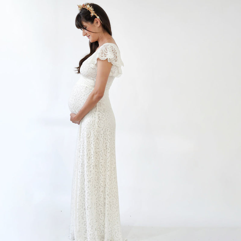 Maternity Ivory Wrap Lace Bohemian Dress, Flutter Sleeves Lace Skirt #7020