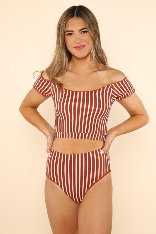 Sienna & White Stripe Off Shoulder Swim Top