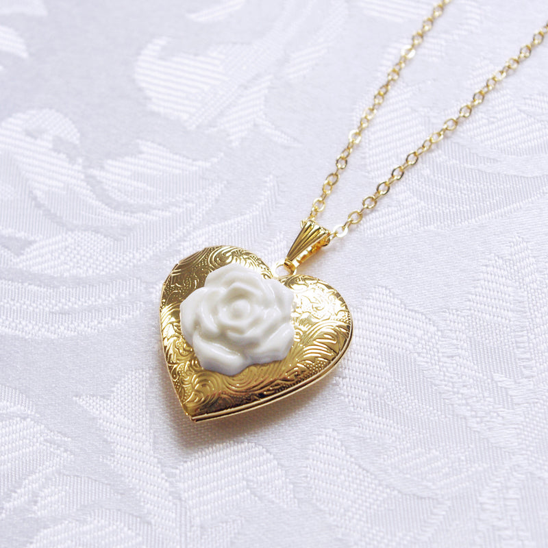 Classic Heart Locket With Porcelain Rose Pendant Necklace