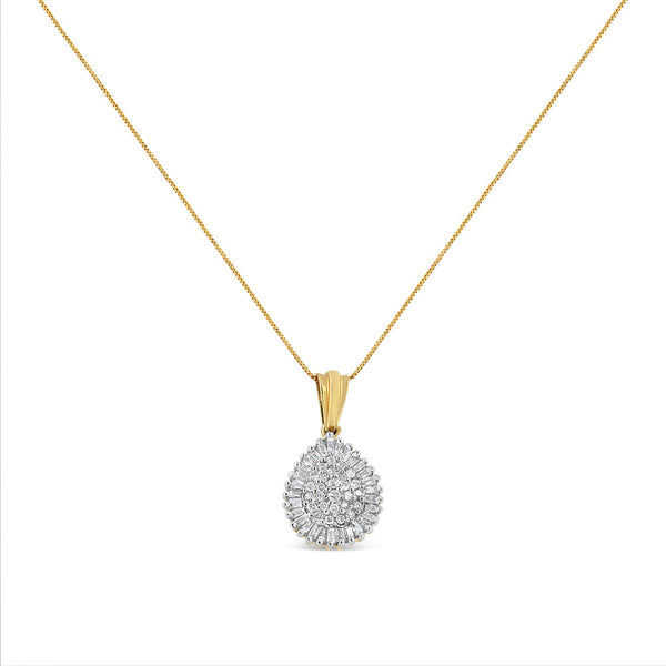 10K Yellow Gold 1/2 Cttw Round and Baguette Cut Diamond Oval Burst 18" Pendant Necklace (J-K Color, I1-I2 Clarity)