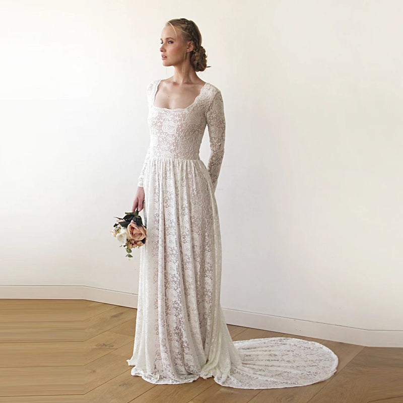 Square Neckline Vintage Inspired Wedding Dress,  1207