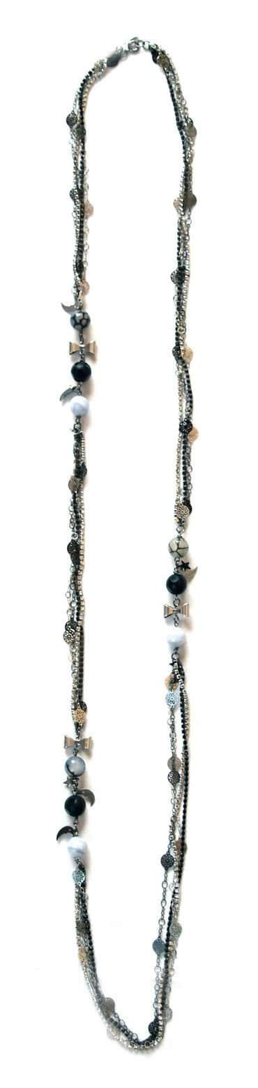 Moonstone Necklace With Ematite Jet Swarovski Crystals, Onyx and Chalcedony Stones