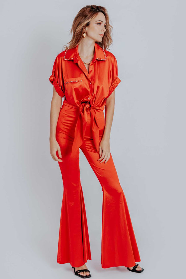 Ingrid High Waisted Flare Pants Red