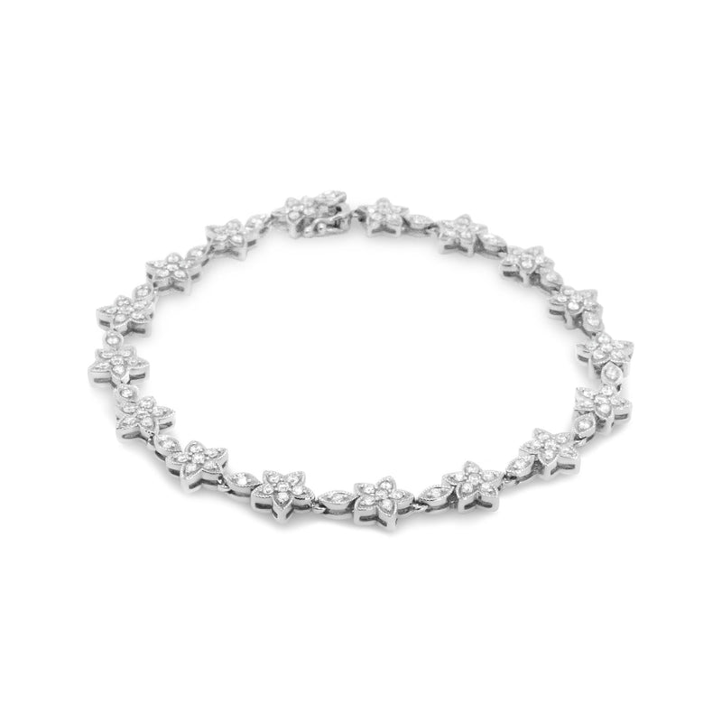 14K White Gold 1 1/5 Cttw Round Diamond Flower Blossom Link Bracelet (H-I Color, SI1-SI2 Clarity) - Size 7"