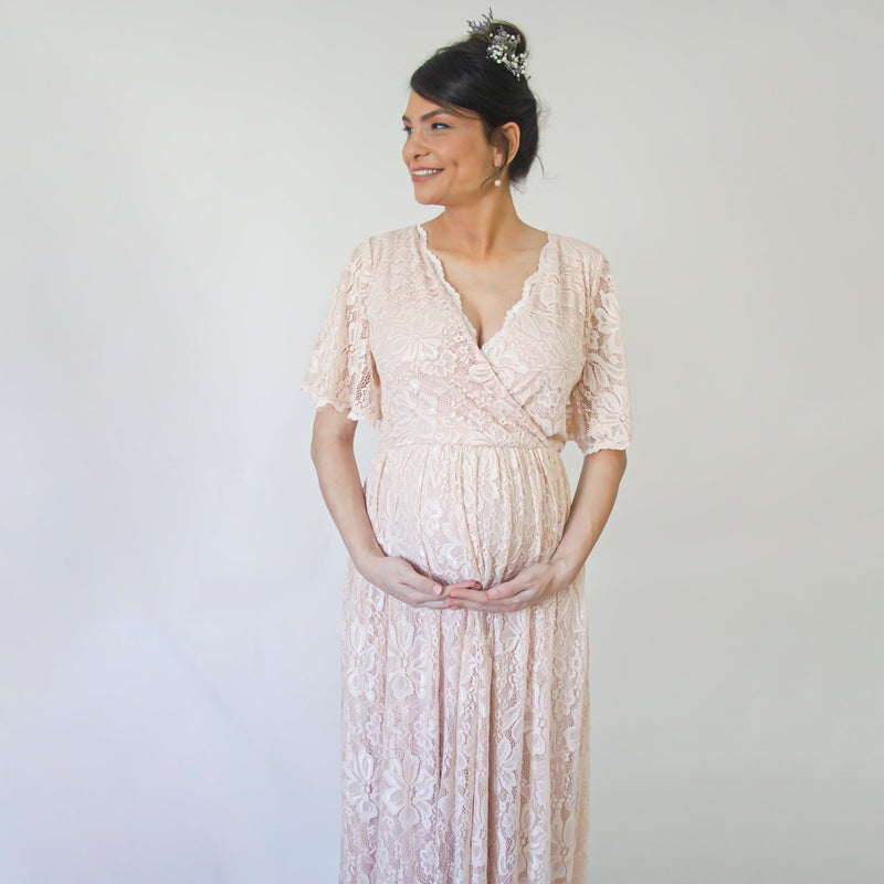 Maternity Blush Wrap Lace Bohemian Wedding Dress, Butterfly Sleeves With Pockets