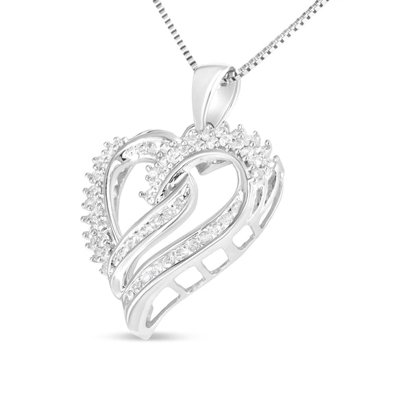 .925 Sterling Silver 1/2 Cttw Diamond Double Row Openwork Heart Pendant 18" Necklace (I-J Color, I3 Clarity)