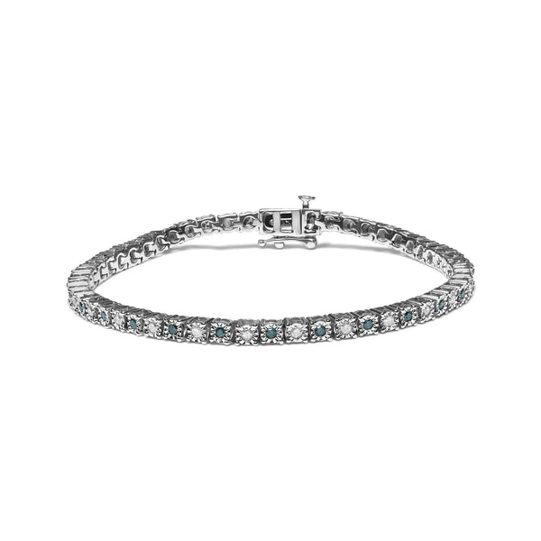 .925 Sterling Silver 1.0 Cttw With Alternating Round White Diamond and Round Treated Green Diamond Tennis Bracelet (Gree